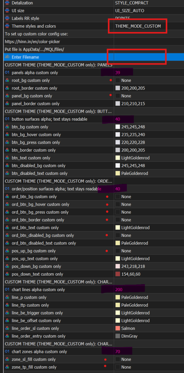 Настройки THEME_MODE_CUSTOM, Filename, alpha и None в инпутах Magic Entry 3.26