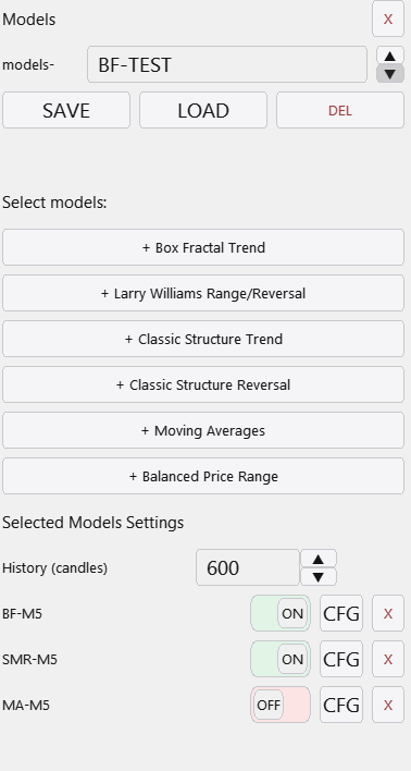 MODELS menu in Lazy Trader