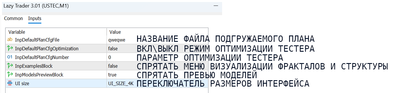 Инпуты Lazy Trader для оптимизации в tester