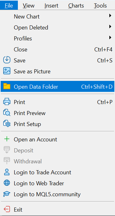 Пункт Open Data Folder в меню File платформы MetaTrader