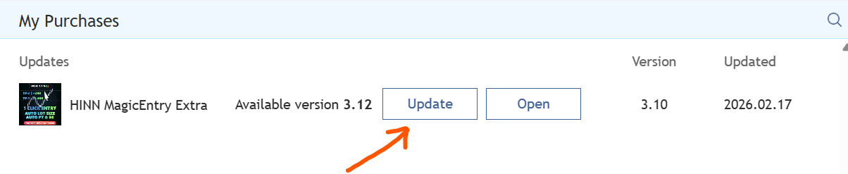 Кнопки Update и Install в MetaTrader 5